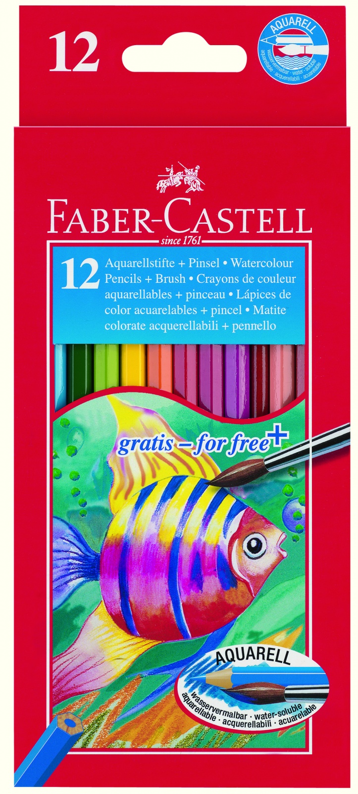 Faber-Castell aquarell színesceruza 12 db + ecset Faber-Castell aquarell színesceruza 12 db + 1 db ecset Leírás	Tulajdonságok - Hatszögletű aquarell színesceruza készlet, élénk színekkel - Száraz és nedves technikához egyaránt használható - Környezet és bőrbarát termék - Kiszerelés: 12 db-os készlet + 1 db ecset